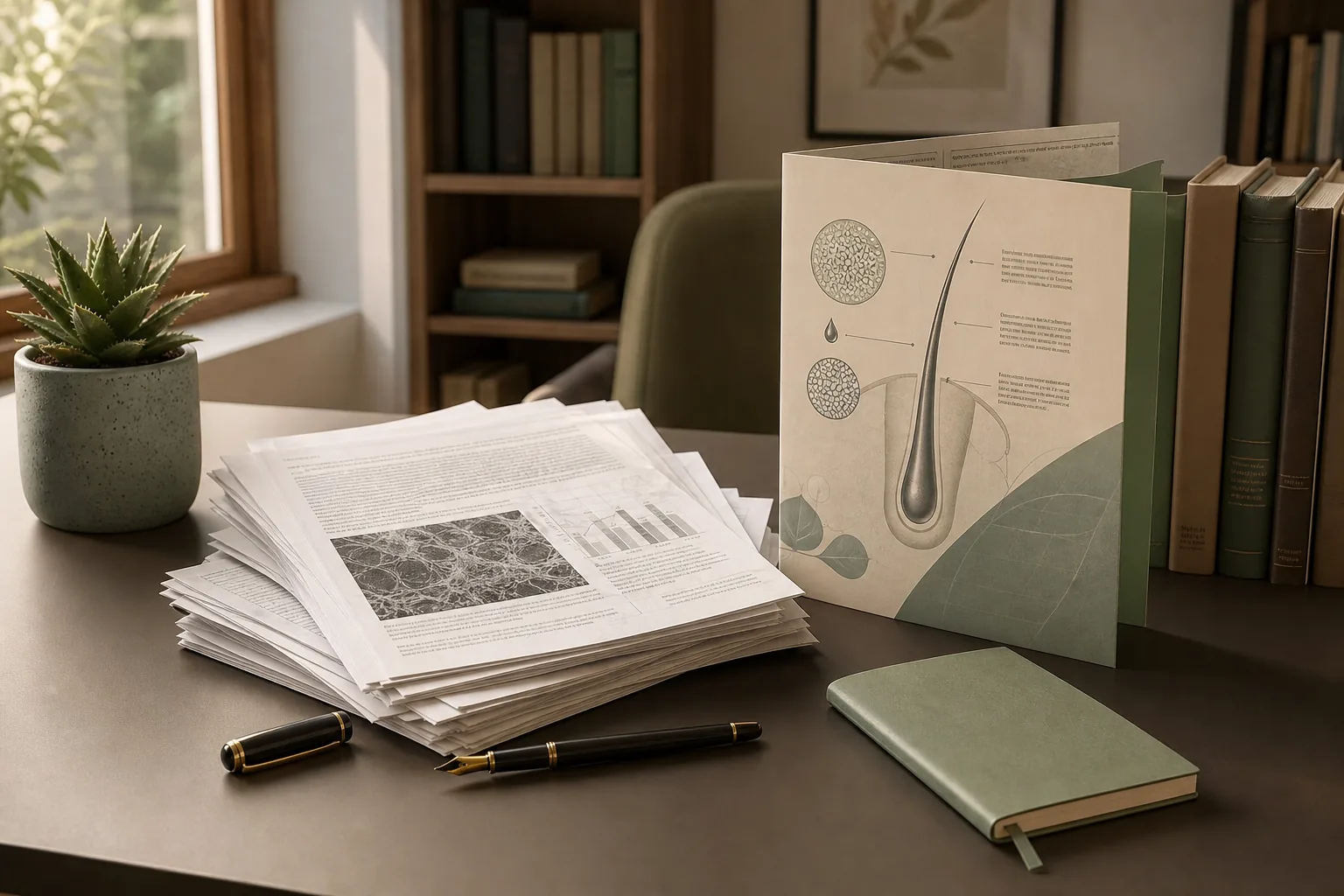 Editorial desk with research papers and soft natural light