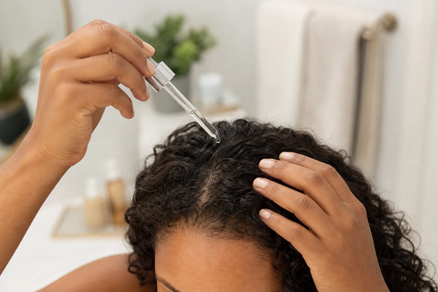 Hands demonstrating careful dropper application to scalp