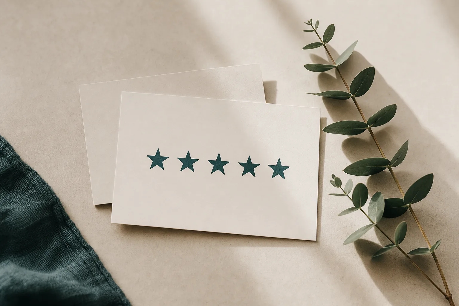 Review cards and trust symbols flat lay