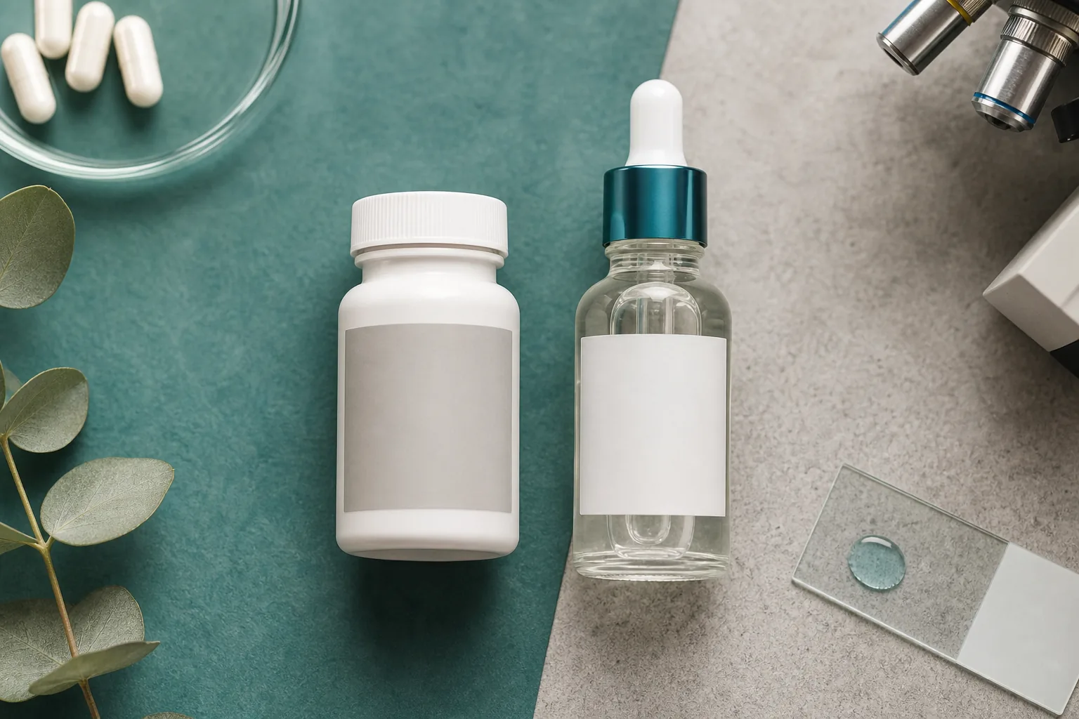 Comparison flat lay of pill bottle and topical serum without labels